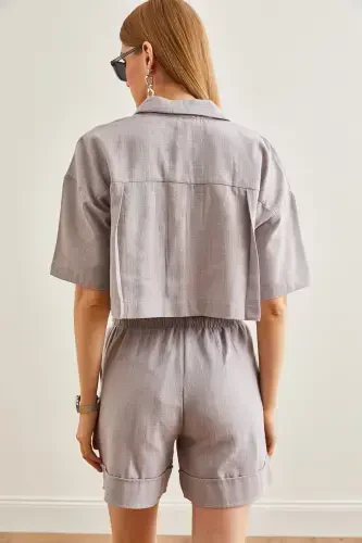 Women's Gray Top Shirt Pocketed Shorts Linen Set TK - 6