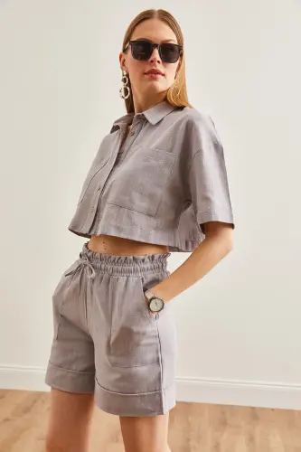 Women's Gray Top Shirt Pocketed Shorts Linen Set TK - 11