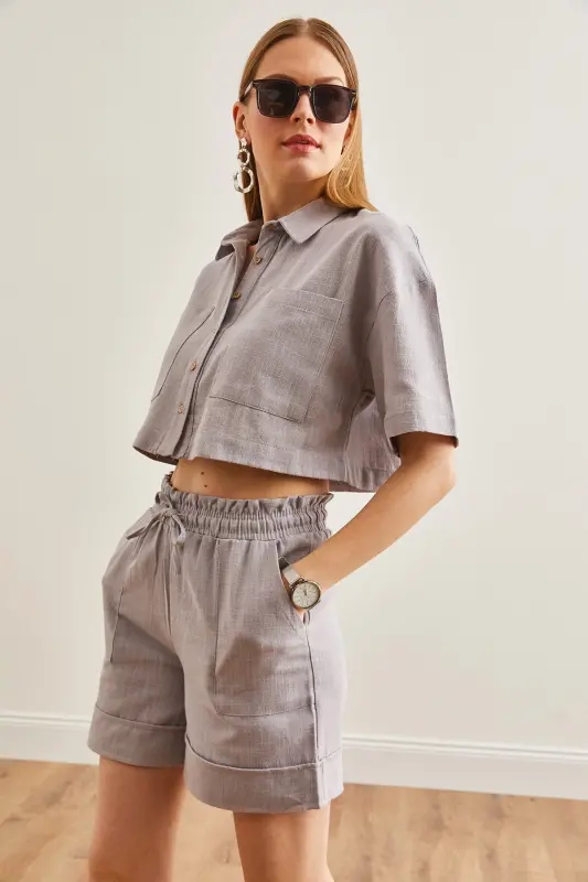 Women's Gray Top Shirt Pocketed Shorts Linen Set TK - 5