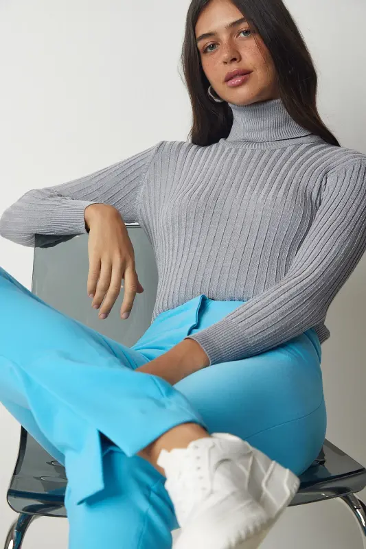 Women's Gray Turtleneck Ribbed Basic Sweater bv00095-Gray - 1