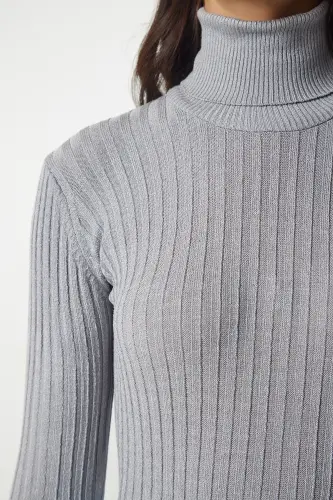 Women's Gray Turtleneck Ribbed Basic Sweater bv00095-Gray - 6