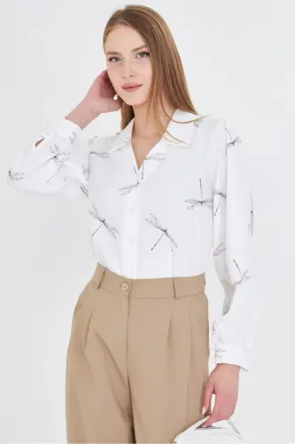 Women's Gray V-Neck Balloon Sleeve Patterned Shirt ARM-25Y0 - 1