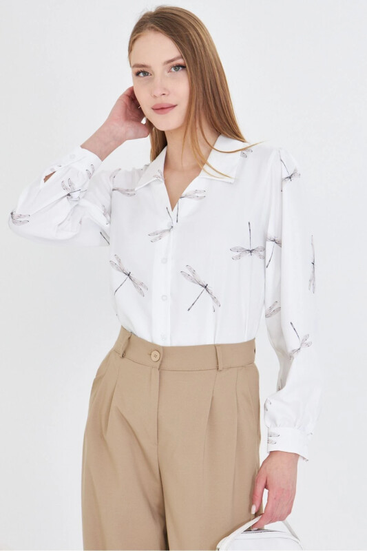 Women's Gray V-Neck Balloon Sleeve Patterned Shirt ARM-25Y0 - ARMONIKA