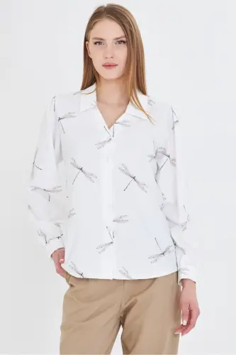 Women's Gray V-Neck Balloon Sleeve Patterned Shirt ARM-25Y0 - ARMONIKA (1)