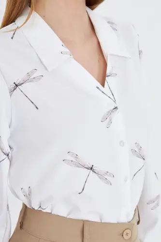 Women's Gray V-Neck Balloon Sleeve Patterned Shirt ARM-25Y0 - 3