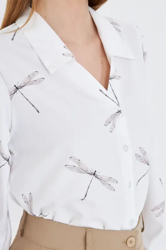 Women's Gray V-Neck Balloon Sleeve Patterned Shirt ARM-25Y0 - 3