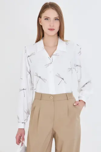 Women's Gray V-Neck Balloon Sleeve Patterned Shirt ARM-25Y0 - 4