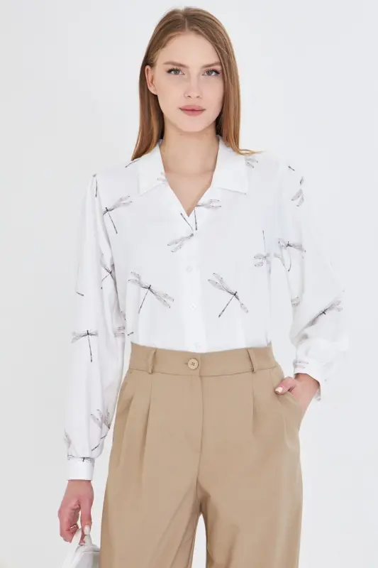 Women's Gray V-Neck Balloon Sleeve Patterned Shirt ARM-25Y0 - 4