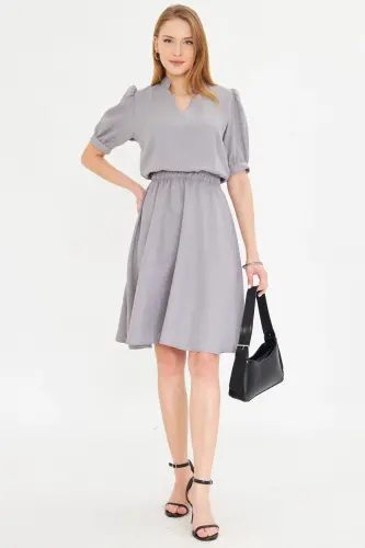 Women's Gray V-Neck Elastic Waist Short Sleeve Flared Dress - 3