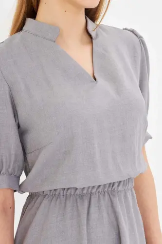 Women's Gray V-Neck Elastic Waist Short Sleeve Flared Dress - 3