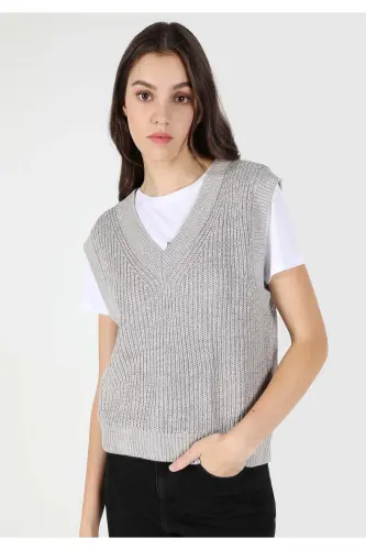 Women's gray V-neck, regular fit sweater. Cl1062235 - 3