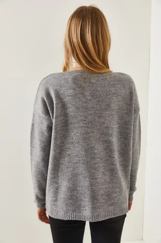 Women's Gray V-Neck Soft Textured Knit Sweater KZK-19000598-Gray - 5