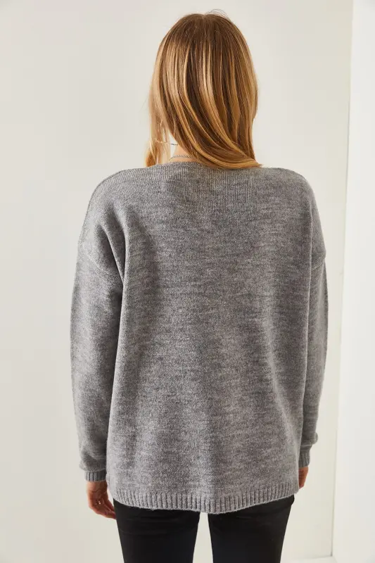 Women's Gray V-Neck Soft Textured Knit Sweater KZK-19000598-Gray - 5