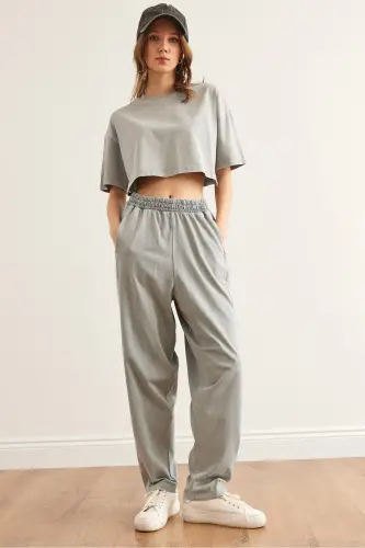 Women's Gray Washed Top and Bottom Summer Cotton Set TKM - 1