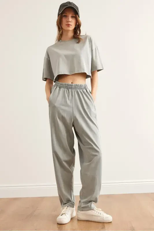 Women's Gray Washed Top and Bottom Summer Cotton Set TKM - OLALOOK