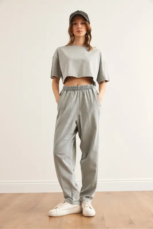 Women's Gray Washed Top and Bottom Summer Cotton Set TKM - 2