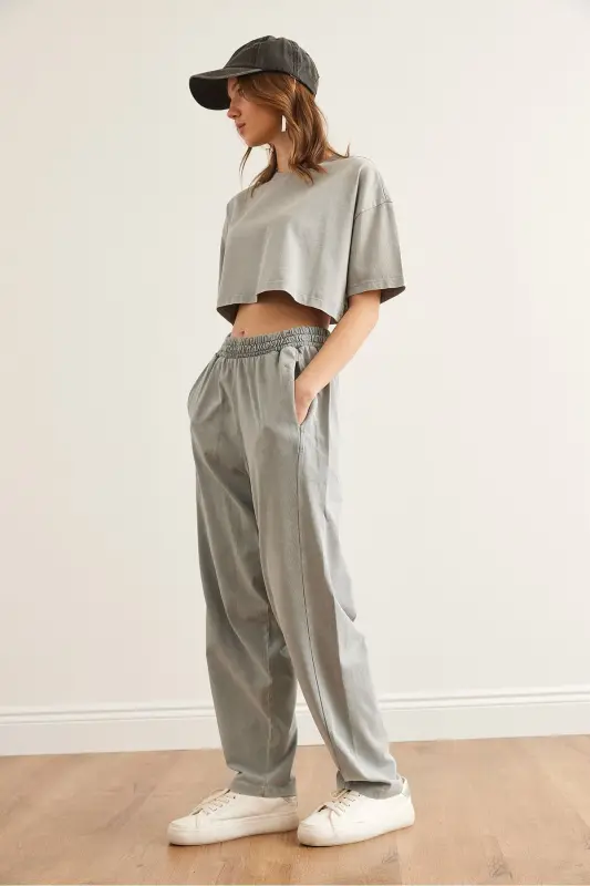 Women's Gray Washed Top and Bottom Summer Cotton Set TKM - 3