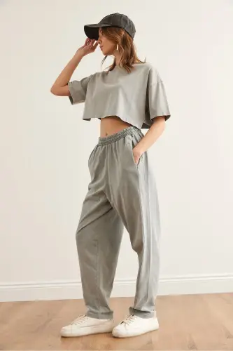 Women's Gray Washed Top and Bottom Summer Cotton Set TKM - 4