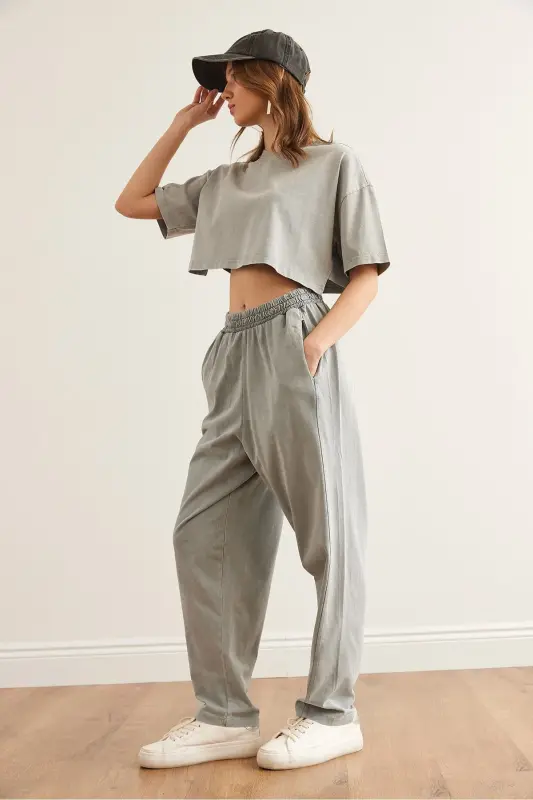 Women's Gray Washed Top and Bottom Summer Cotton Set TKM - 4