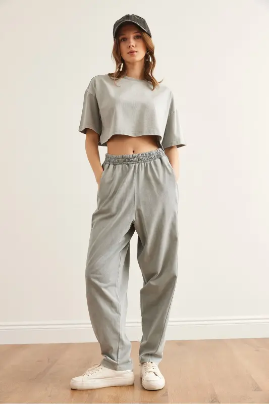 Women's Gray Washed Top and Bottom Summer Cotton Set TKM - 5