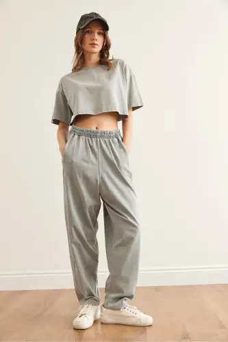 Women's Gray Washed Top and Bottom Summer Cotton Set TKM - 6