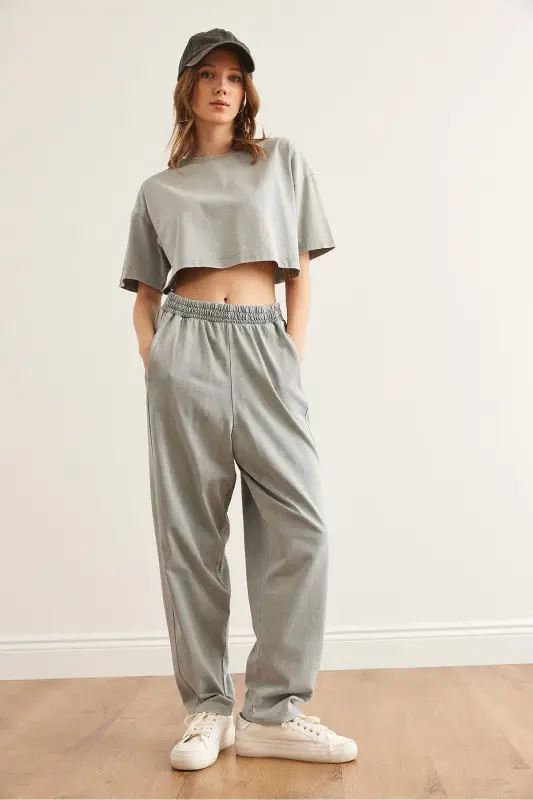 Women's Gray Washed Top and Bottom Summer Cotton Set TKM - 6