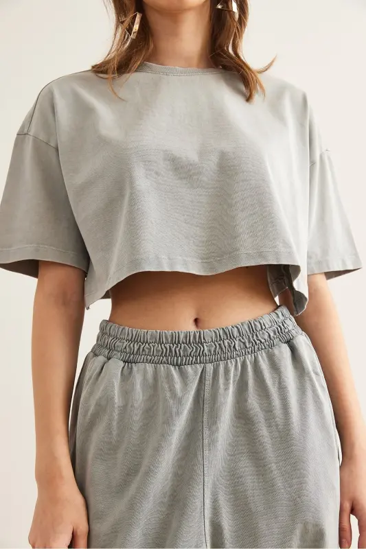 Women's Gray Washed Top and Bottom Summer Cotton Set TKM - 7