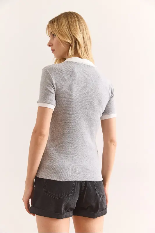Women's Gray White Polo Neck Color Detailed Flexible Cotton - 4