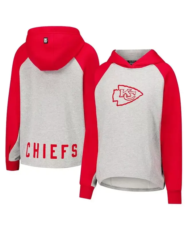 Women's Gray/Red Kansas City Chiefs Joy Cropped Raglan Pullover Hoodie - DKNY