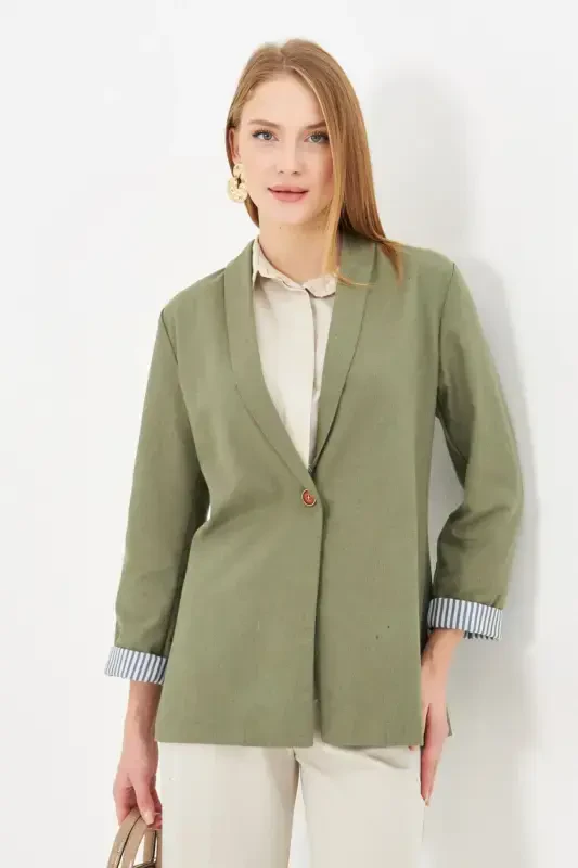 Women's Green Arm Striped Single Button Jacket ARM-22K001122-Green - 1