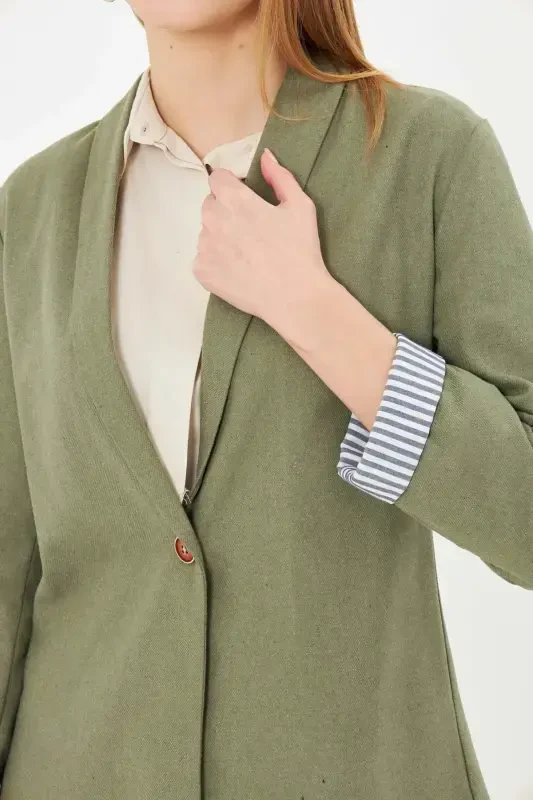 Women's Green Arm Striped Single Button Jacket ARM-22K001122-Green - 2