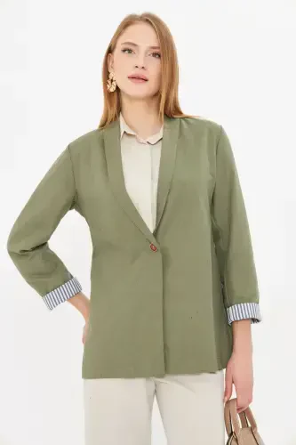 Women's Green Arm Striped Single Button Jacket ARM-22K001122-Green - 3