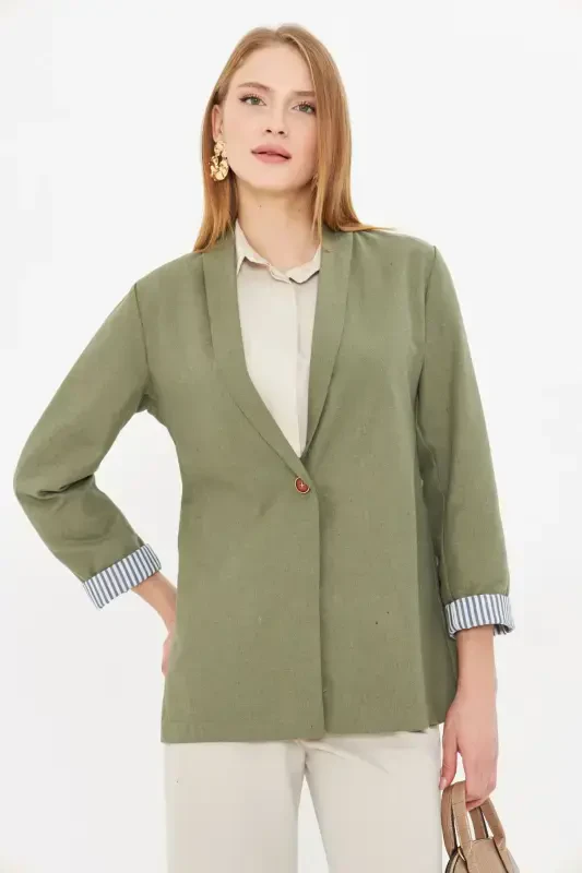 Women's Green Arm Striped Single Button Jacket ARM-22K001122-Green - 3