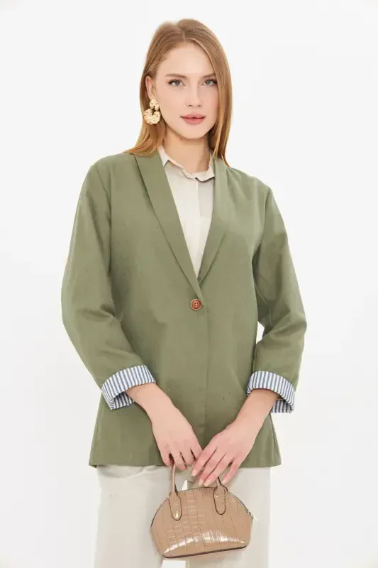 Women's Green Arm Striped Single Button Jacket ARM-22K001122-Green - 4