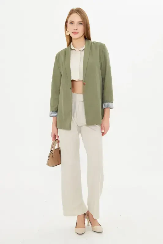 Women's Green Arm Striped Single Button Jacket ARM-22K001122-Green - 5