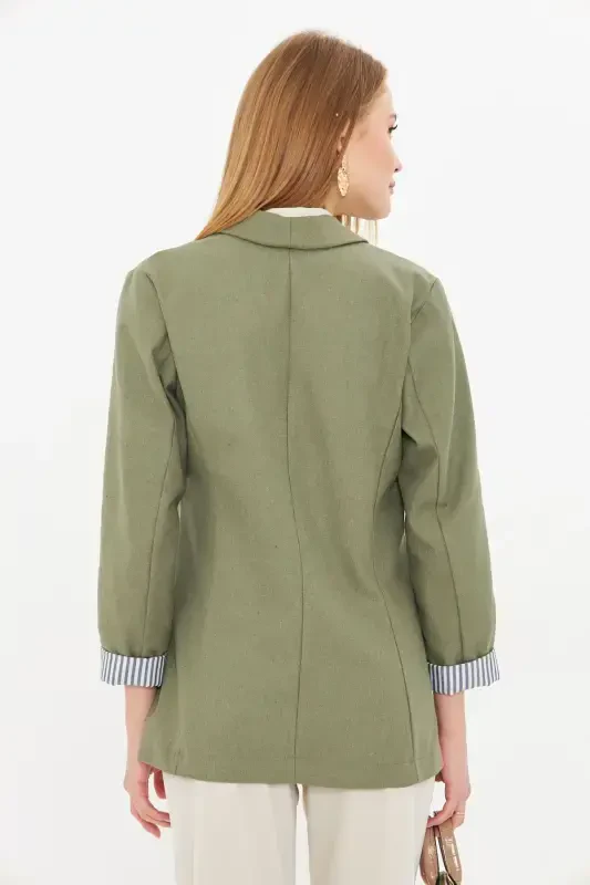 Women's Green Arm Striped Single Button Jacket ARM-22K001122-Green - 6