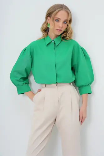 Women's Green Balloon Sleeve Hidden Button Basic Poplin Shirt ALC-X9654 - TREND ALAÇATI STILI (1)