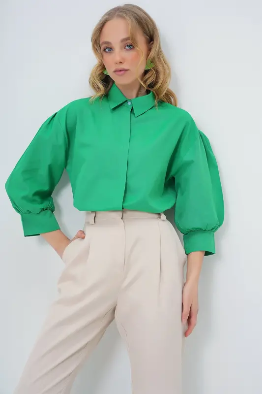 Women's Green Balloon Sleeve Hidden Button Basic Poplin Shirt ALC-X9654 - 4