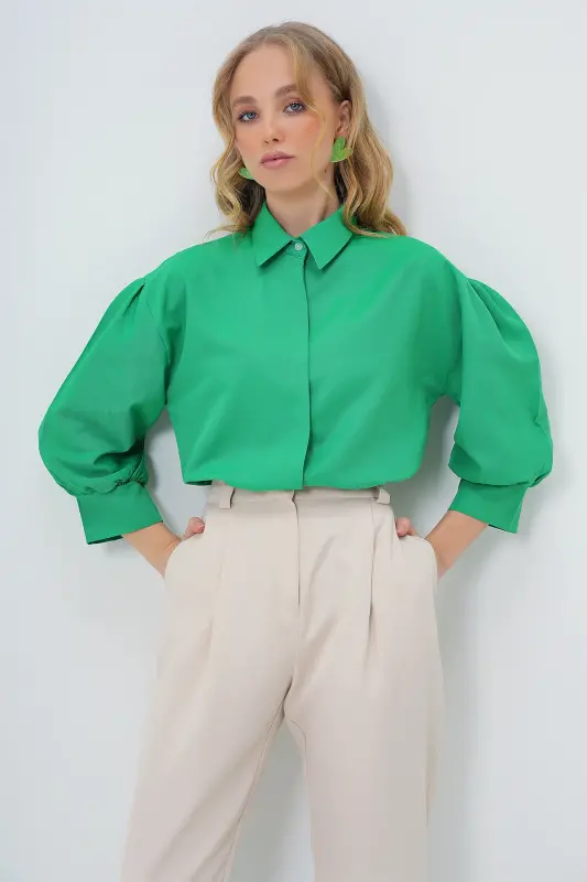 Women's Green Balloon Sleeve Hidden Button Basic Poplin Shirt ALC-X9654 - 5
