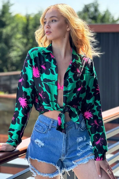 Women's Green Basic Patterned Woven Shirt ALC-X11445 - 1