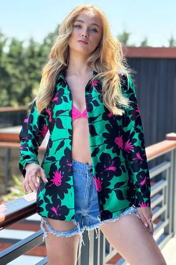 Women's Green Basic Patterned Woven Shirt ALC-X11445 - 2