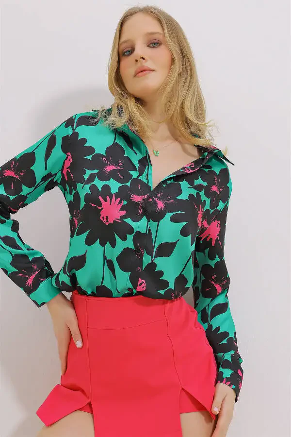 Women's Green Basic Patterned Woven Shirt ALC-X11445 - 7