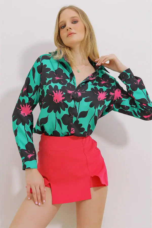 Women's Green Basic Patterned Woven Shirt ALC-X11445 - 10