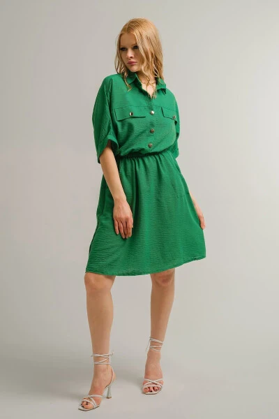 Women's Green Batwing Sleeve Pocket Dress with Elastic Waist Arm-23y001076 - ARMONIKA