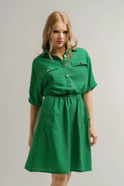 Women's Green Batwing Sleeve Pocket Dress with Elastic Waist Arm-23y001076 - ARMONIKA (1)