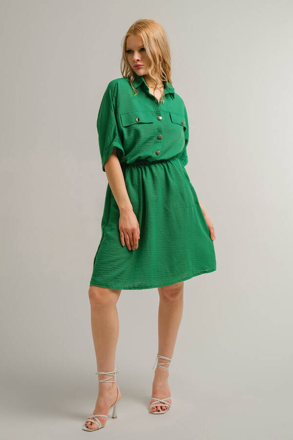 Women's Green Batwing Sleeve Pocket Dress with Elastic Waist Arm-23y001076 - 5