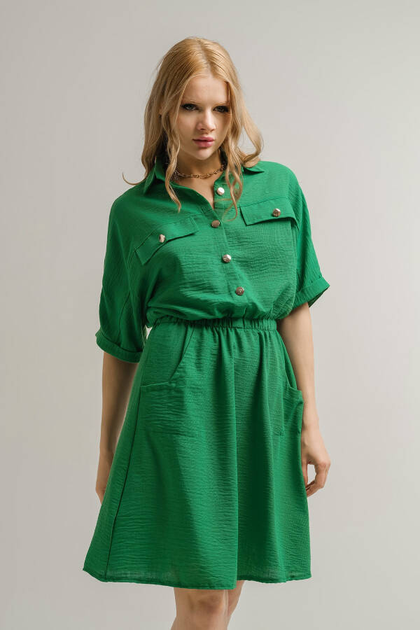 Women's Green Batwing Sleeve Pocket Dress with Elastic Waist Arm-23y001076 - 6