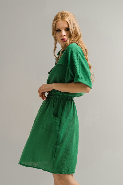 Women's Green Batwing Sleeve Pocket Dress with Elastic Waist Arm-23y001076 - 7