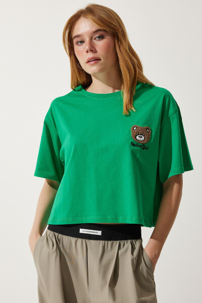 Women's Green Bear Patch Cropped Knitted T-Shirt HF00456 - 3