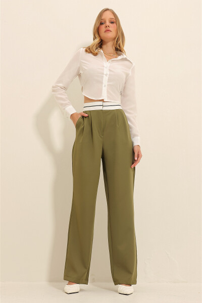 Women's Green Belted Pleated Double Pocket Palazzo Pants ALC-X11313 - 3